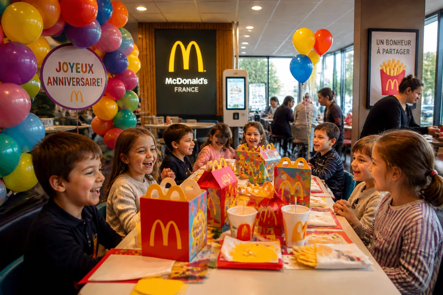 Fête d'anniversaire enfant dans un restaurant McDonald's en France avec ballons et Happy Meals