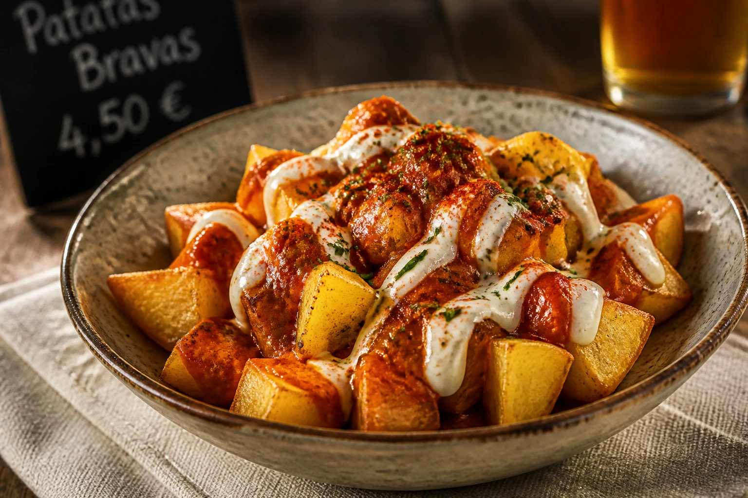Patatas bravas dorées nappées de sauce brava rouge au pimentón et d'un filet d'aïoli maison dans un bol en céramique rustique