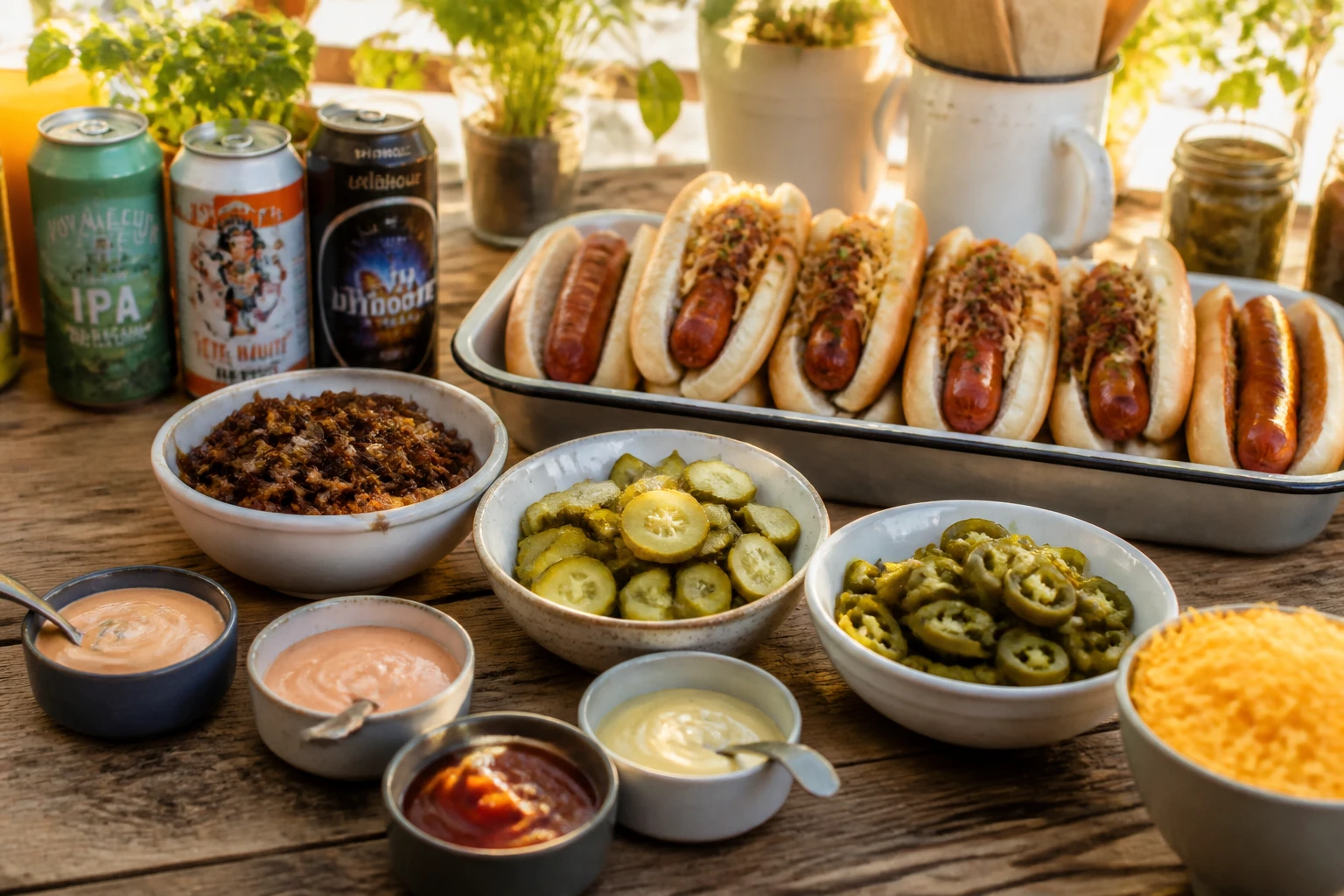 Buffet de hot dogs avec garnitures variées, sauces maison et bières craft sur table en bois