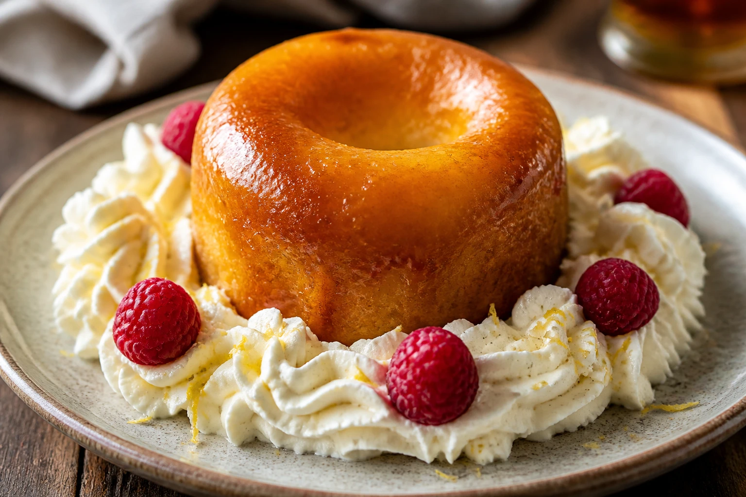 Baba au rhum fait maison lustré à l'abricot, dressé avec une chantilly vanille et des zestes de citron