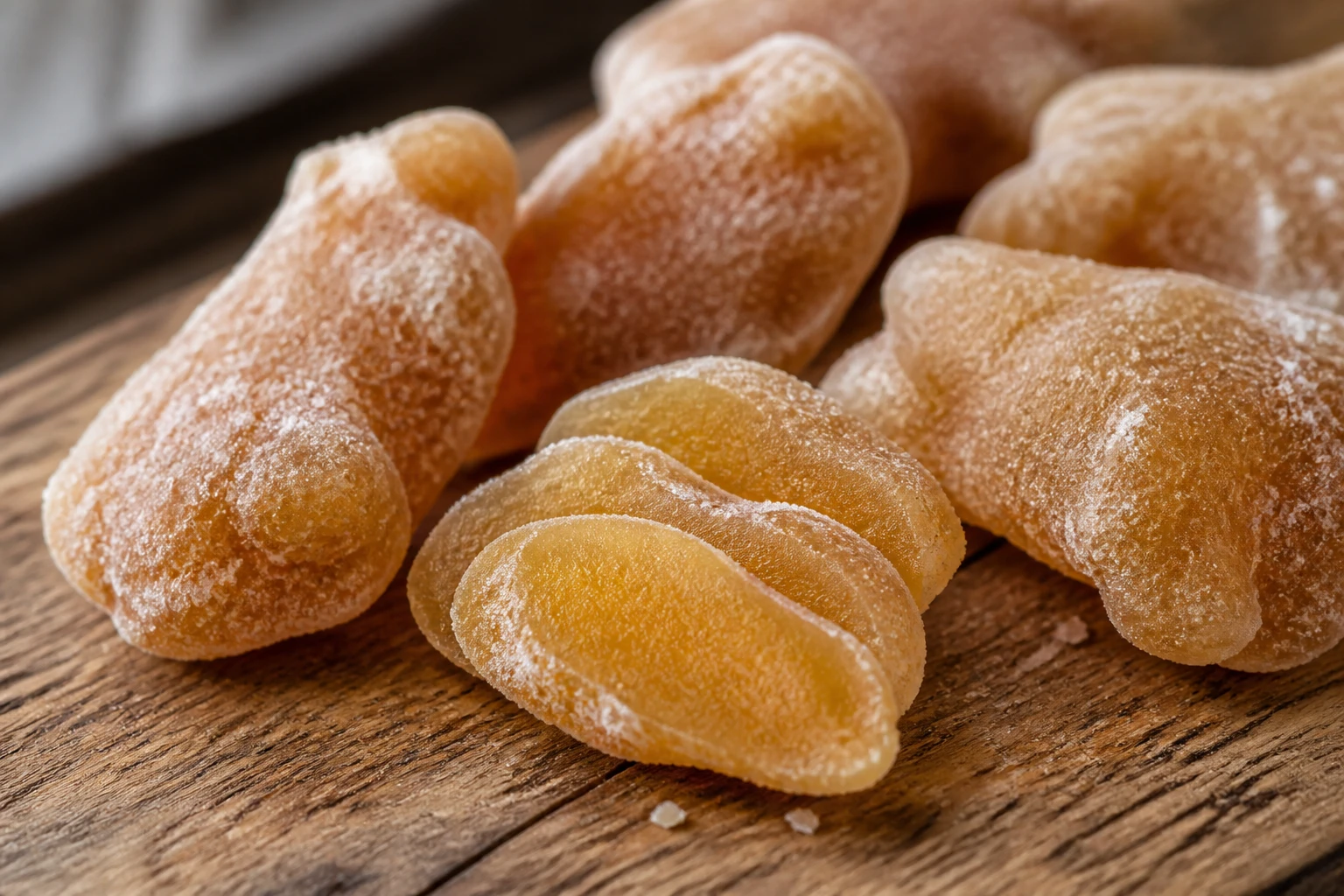 Morceaux de gingembre confit cristallisé sur une planche en bois, éclairage naturel chaud
