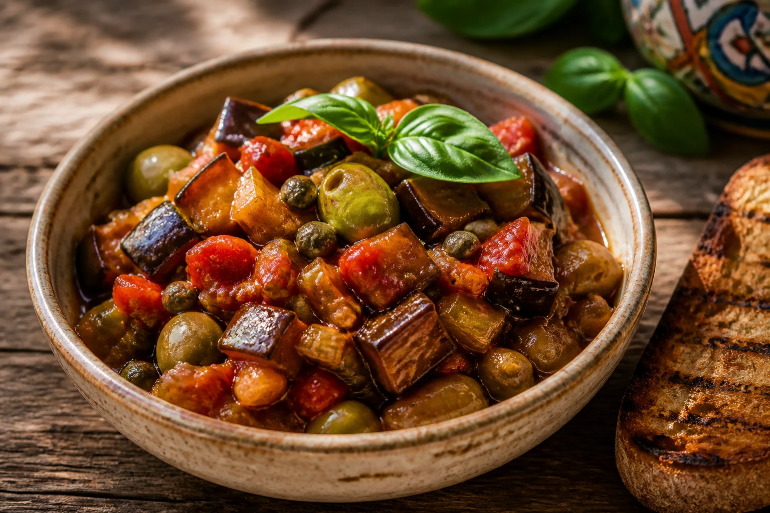 Bol de caponata sicilienne maison avec aubergines dorées, olives vertes, câpres et sauce aigre-douce