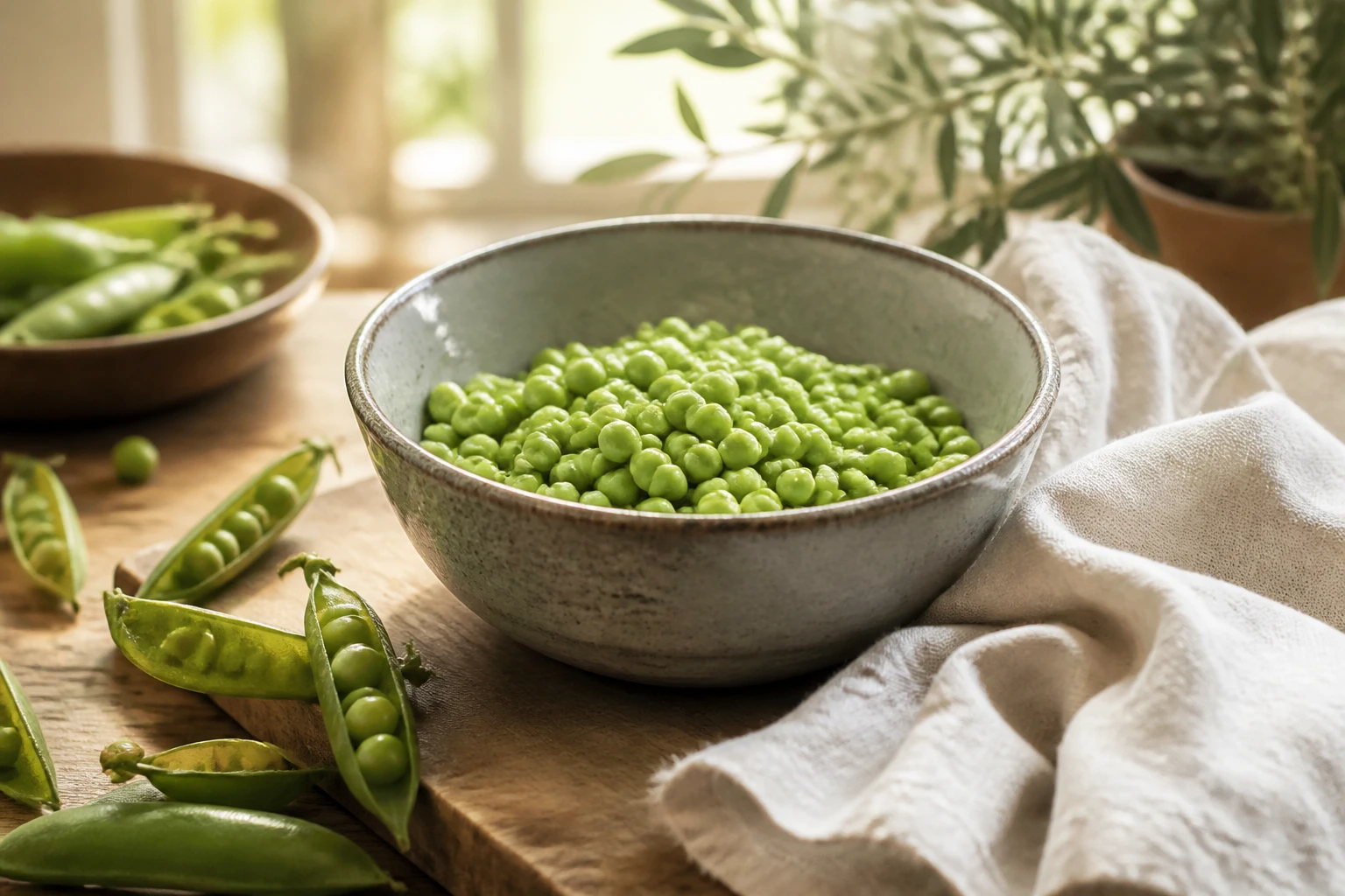 Petits pois frais écossés dans un saladier en céramique sur planche bois, prêts à être congelés