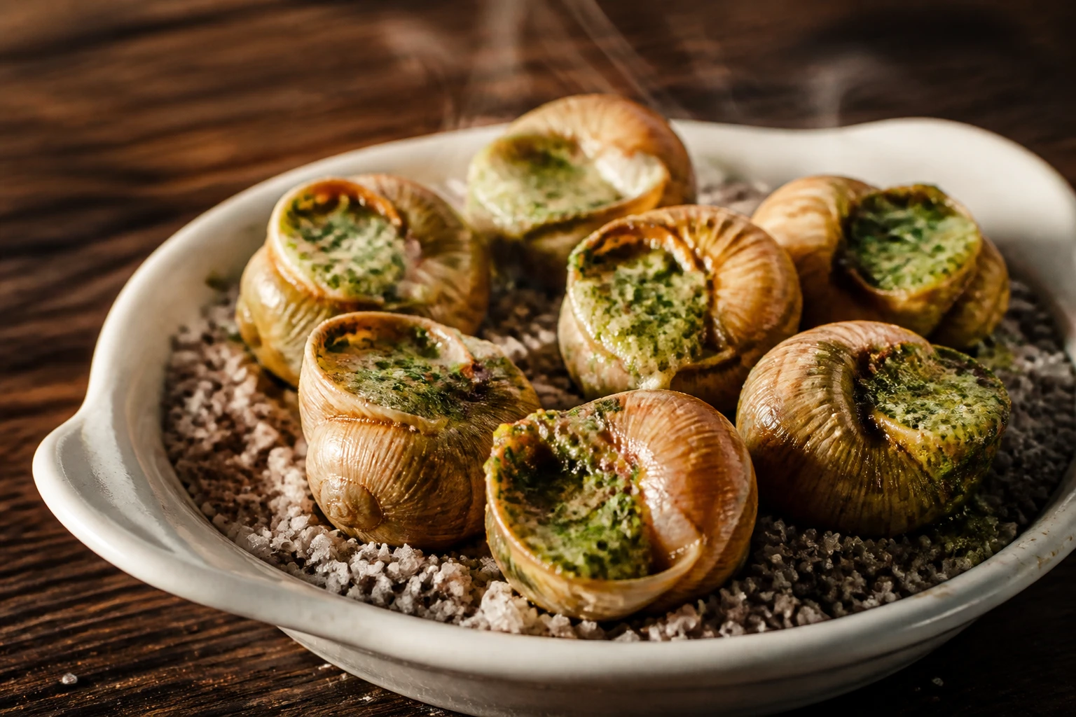 Escargots surgelés farcis au beurre persillé sortant du four dans un plat à escargots en céramique