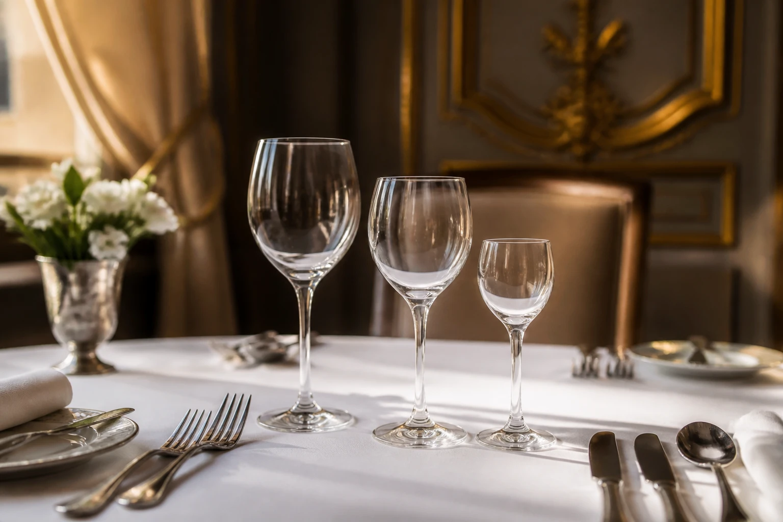 Table dressée avec disposition des verres en diagonale à la française : verre à eau, vin rouge et vin blanc
