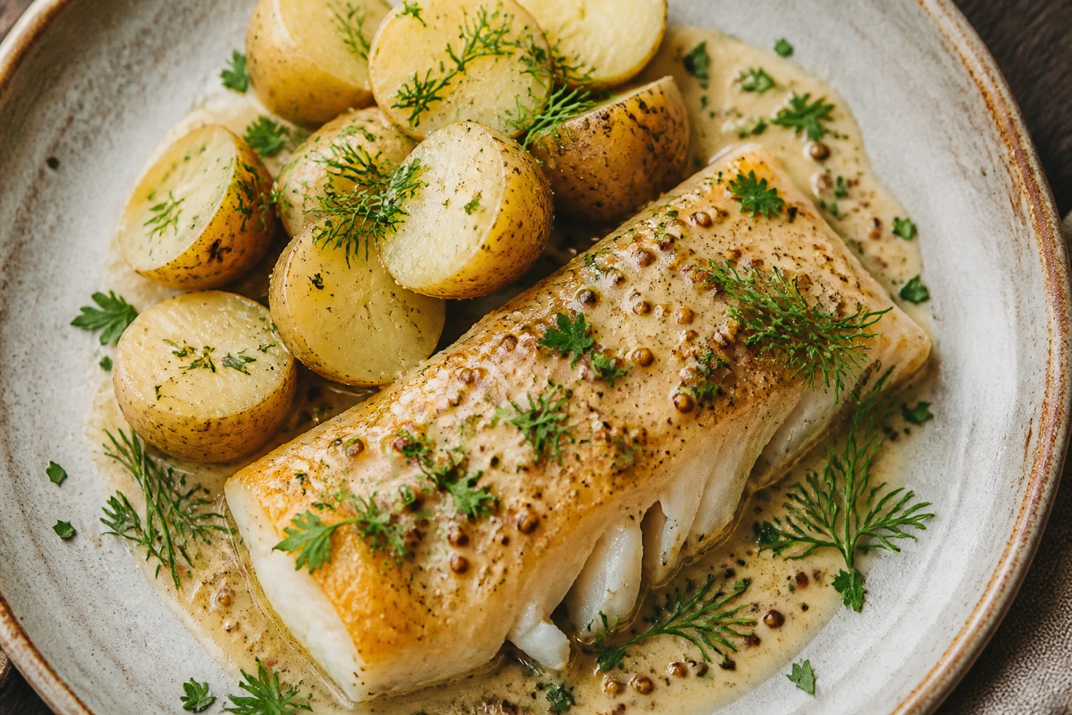 Dos de cabillaud au Cookeo nappé de sauce moutarde à l'ancienne, pommes vapeur et herbes fraîches