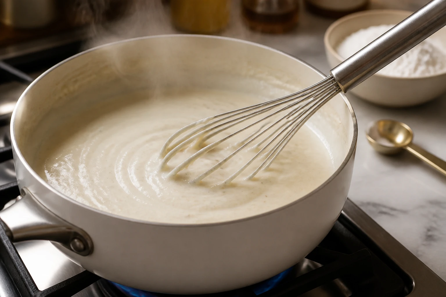 Sauce béchamel onctueuse dans une casserole blanche fouettée à la fécule de maïs sans farine