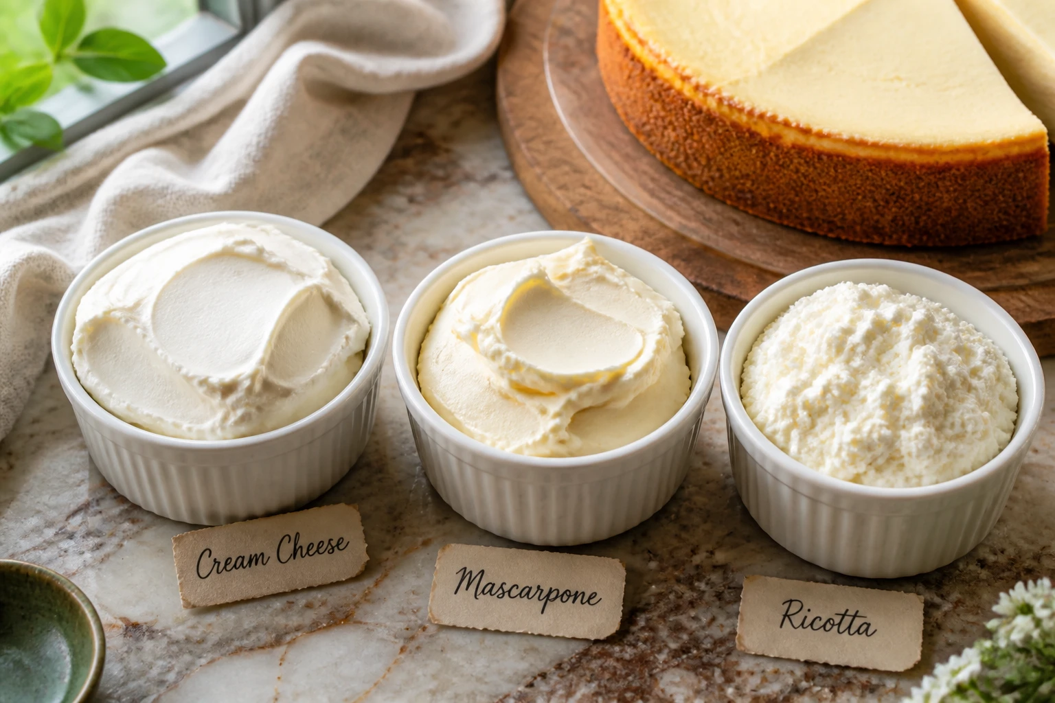 Trois fromages frais dans des ramequins blancs sur marbre : Philadelphia, mascarpone et ricotta pour cheesecake