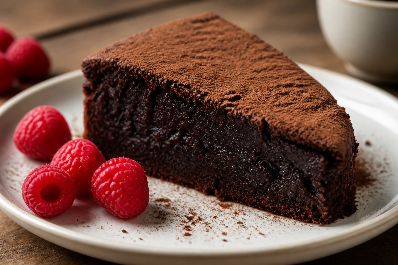 Tranche de gâteau au chocolat sans sucre pour diabétique, texture moelleuse, cacao non sucré, framboises fraîches