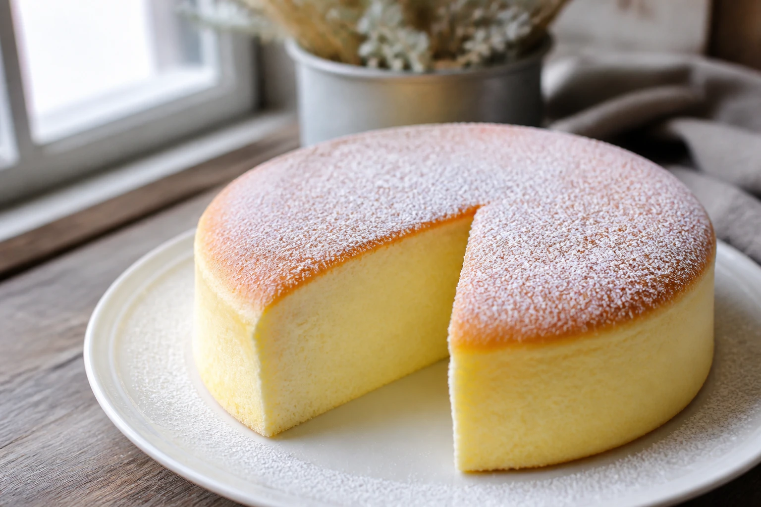 Gâteau nuage japonais entier sur assiette blanche, surface dorée saupoudrée de sucre glace, fond bois clair