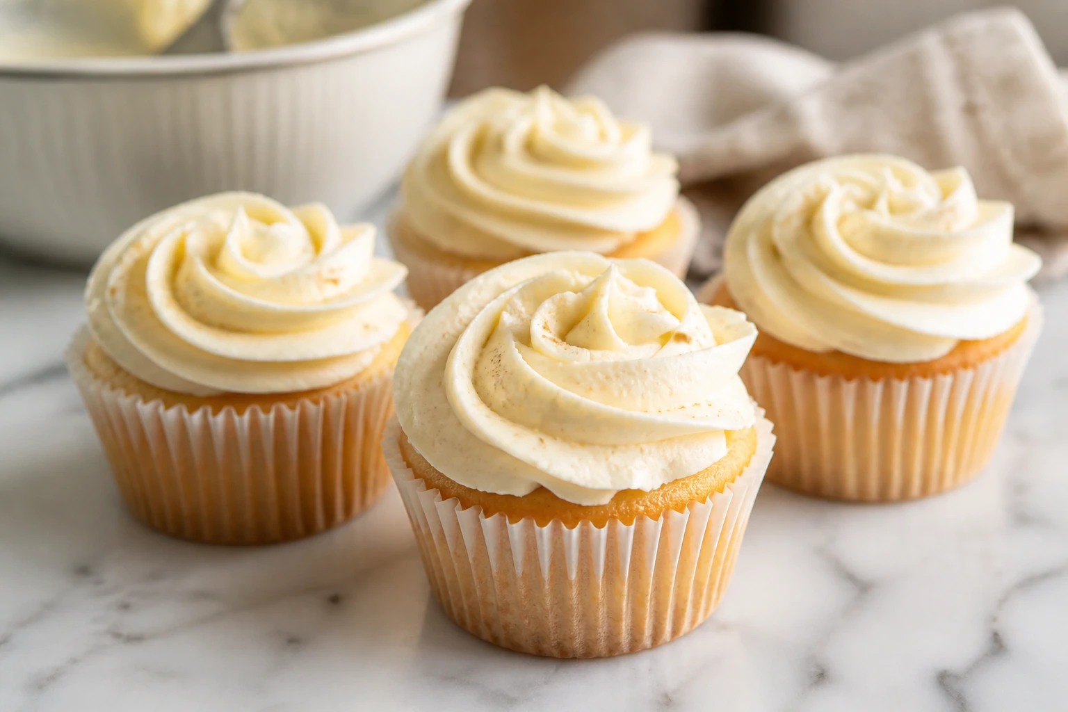 Cupcakes nappés d'un glaçage au mascarpone poché en rosaces sur marbre blanc