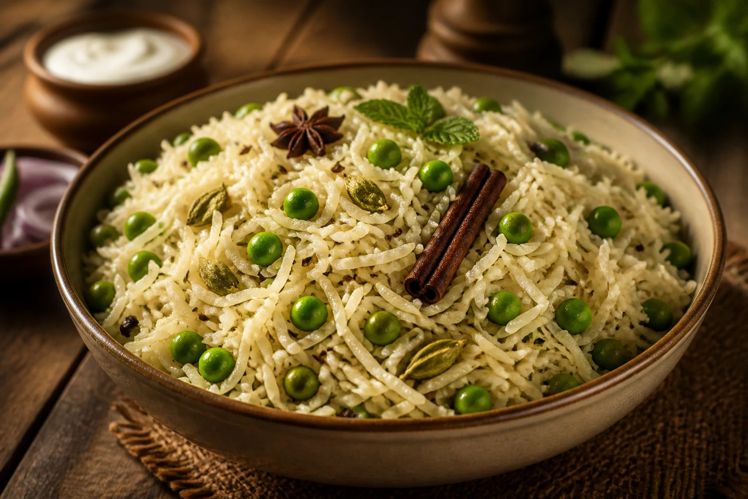 Bol de matar pulao, riz basmati aux petits pois parfumé aux épices entières, servi dans un plat en terre cuite