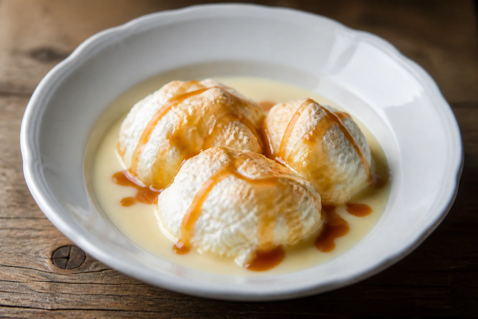 Oeufs à la neige dans une assiette creuse avec crème anglaise et caramel doré, lumière naturelle