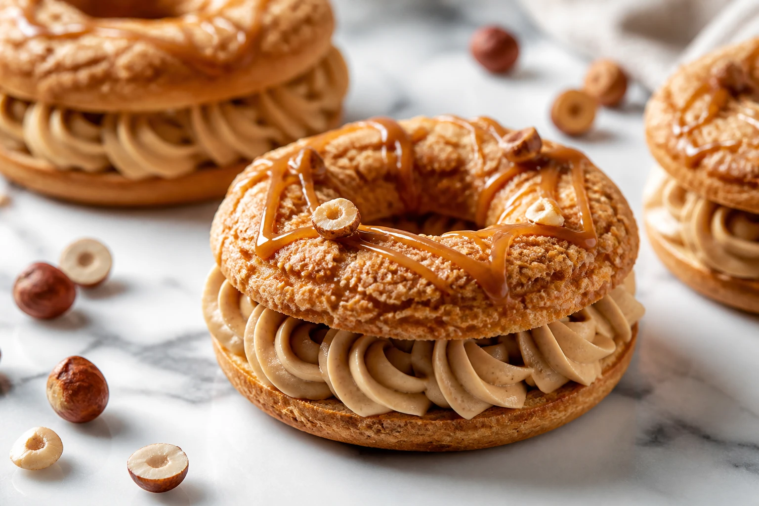 Paris-Brest revisité en version individuelle avec crème pralinée et craquelin doré sur marbre blanc