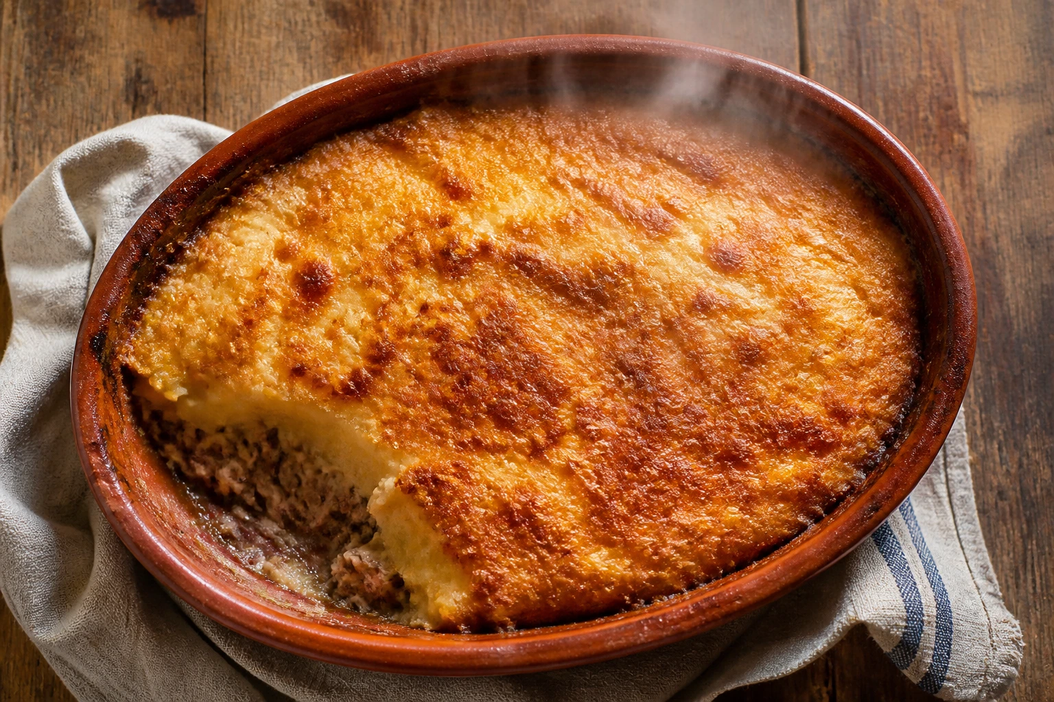 Parmentier de canard fondant gratiné dans un plat en terre cuite, croûte dorée au parmesan, vapeur chaude