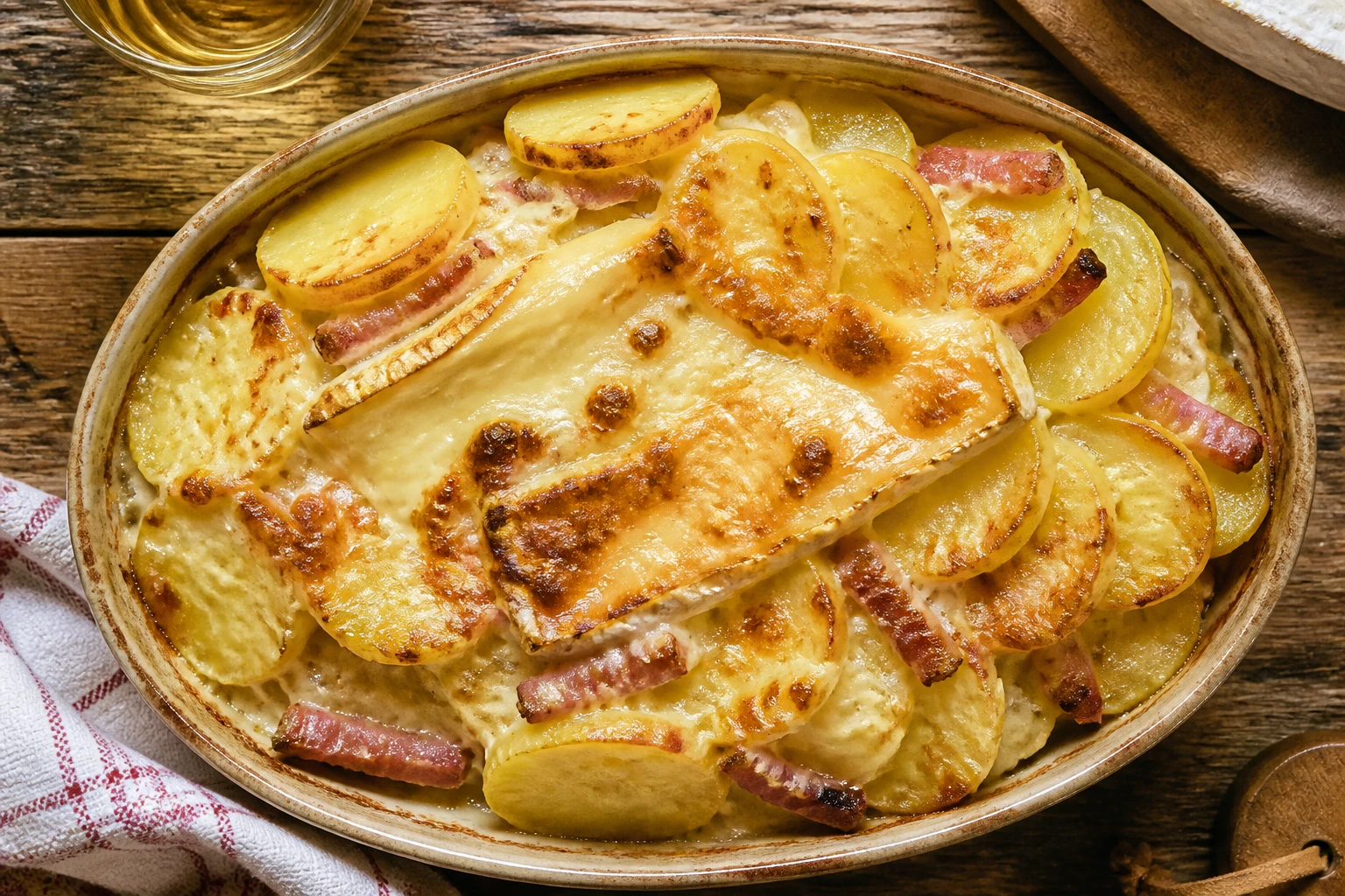 Tartiflette gratinée avec tranches de Charlotte fondantes sous le reblochon doré, vue de dessus