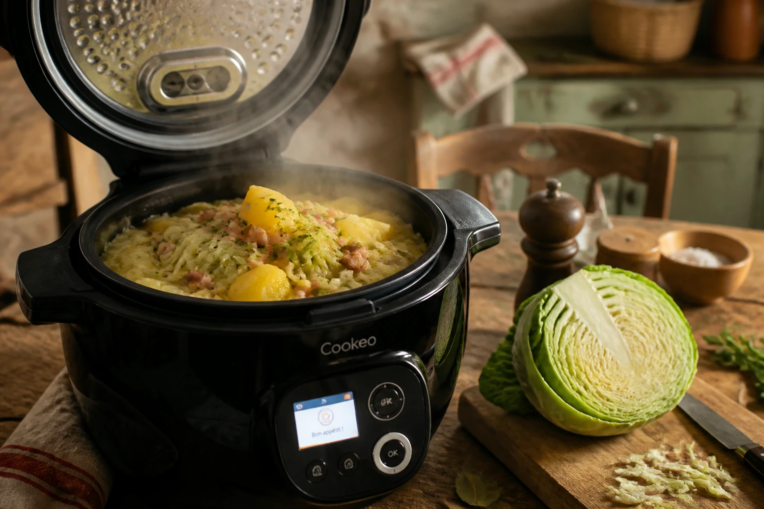 Chou vert braisé aux lardons cuit au Cookeo, vapeur visible, lumière chaude de cuisine rustique