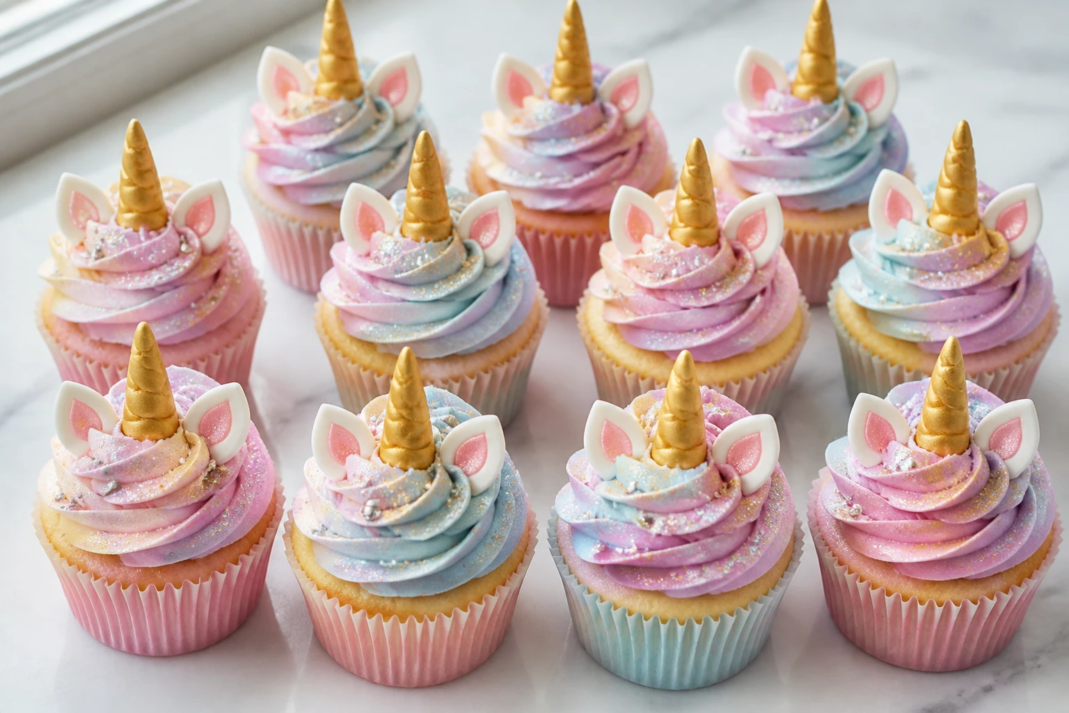 Cupcakes licorne décorés avec glaçage pastel tourbillonné, corne dorée en pâte à sucre et billes nacrées