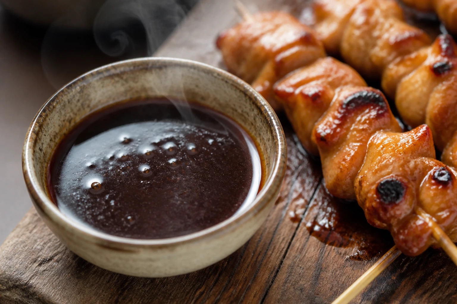 Bol de sauce yakitori tare maison brillante avec brochettes de poulet laqué sur planche en bois