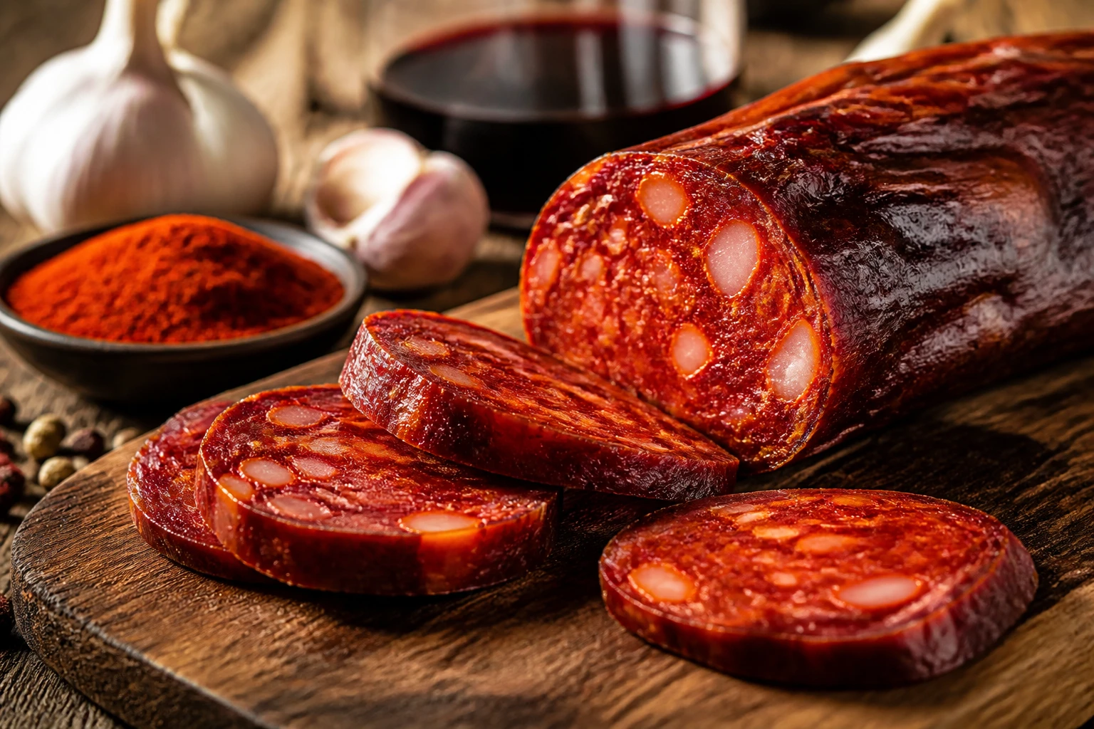 Tranches de saucisson portugais sec sur une planche en bois avec ail et paprika