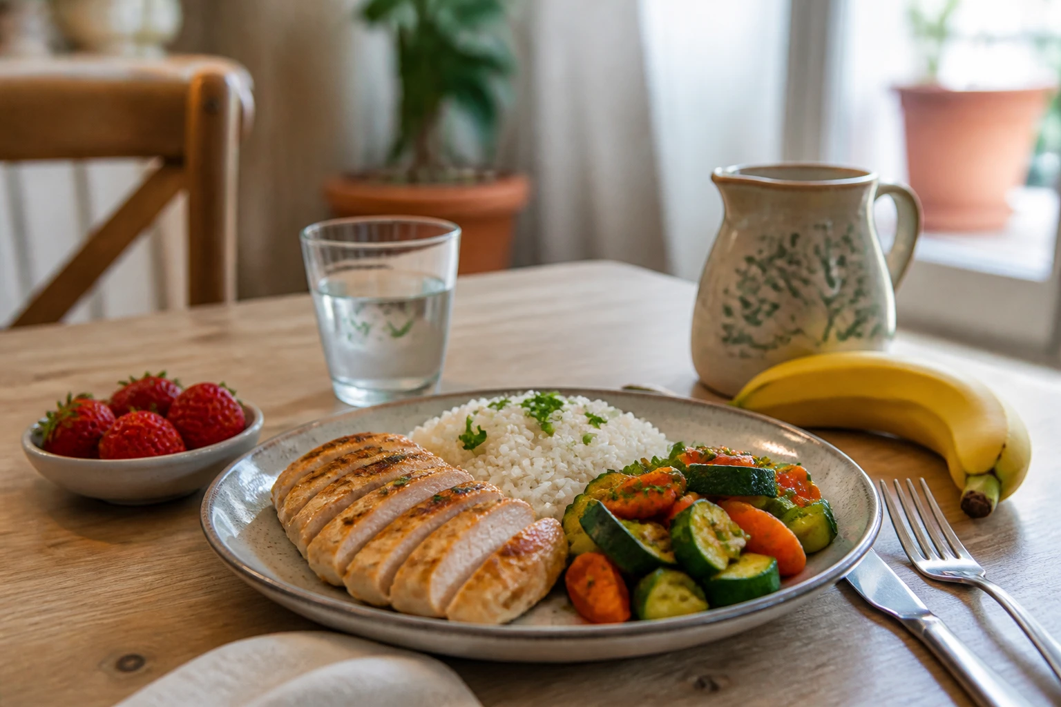 Assiette équilibrée d'aliments pauvres en FODMAP avec riz, poulet, légumes et fruits sur une table en bois