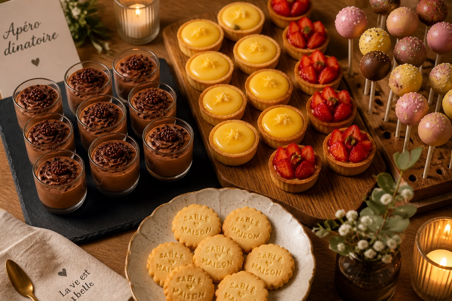 Table d'apéro dînatoire avec verrines chocolat, mini-tartelettes aux fraises et cake pops colorés sur plateau bois