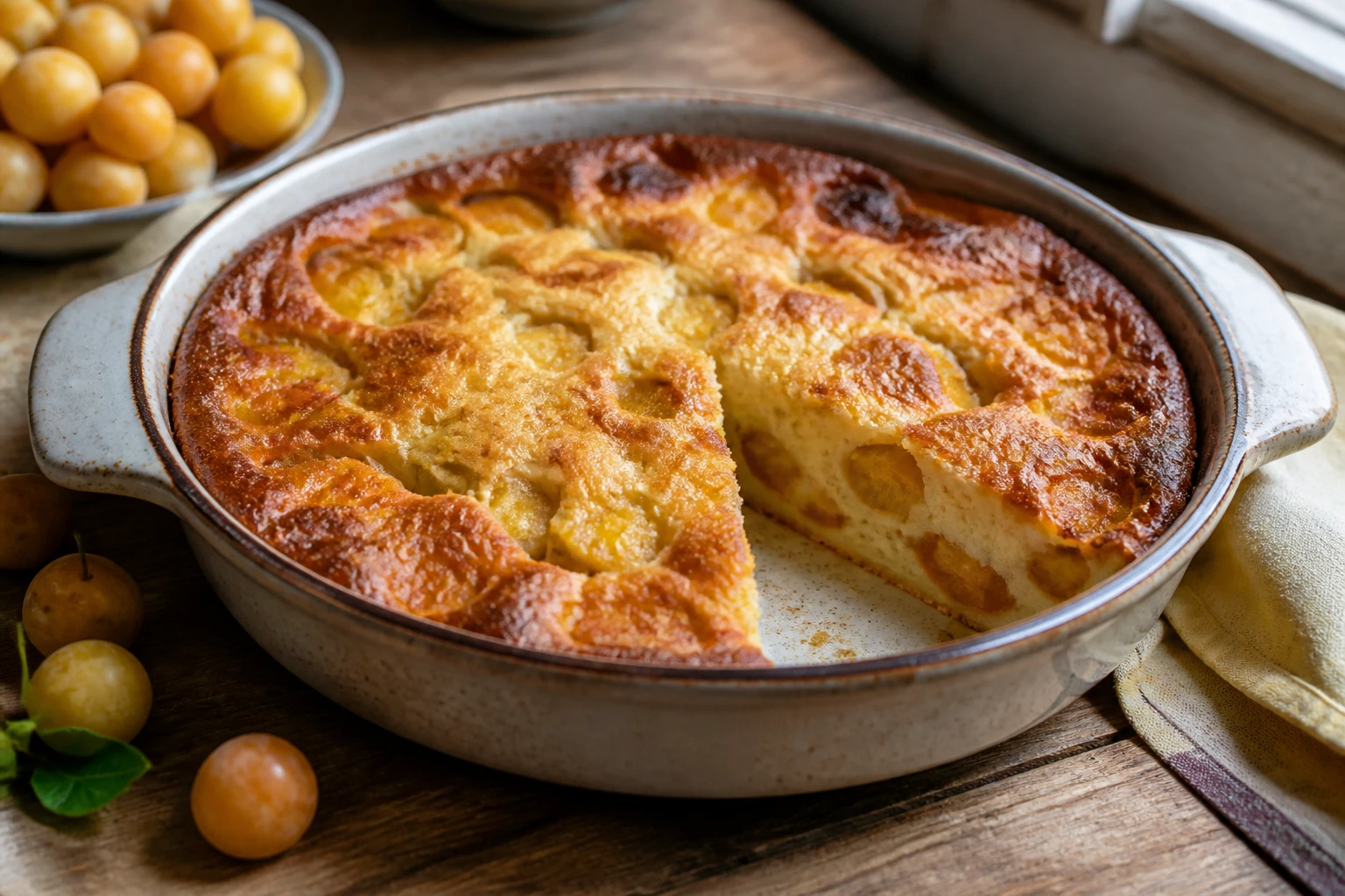 Clafoutis aux mirabelles doré dans un plat en céramique avec mirabelles fraîches autour