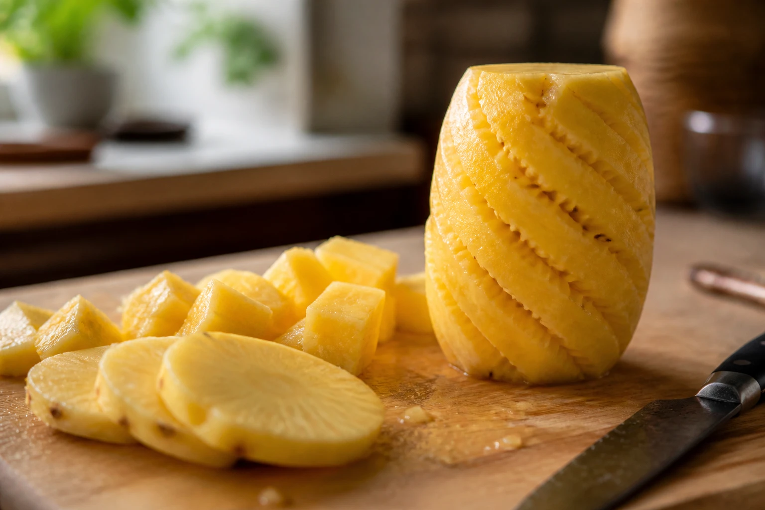 Ananas fraîchement pelé et découpé en cubes sur une planche en bois, avec un couteau de cuisine à proximité