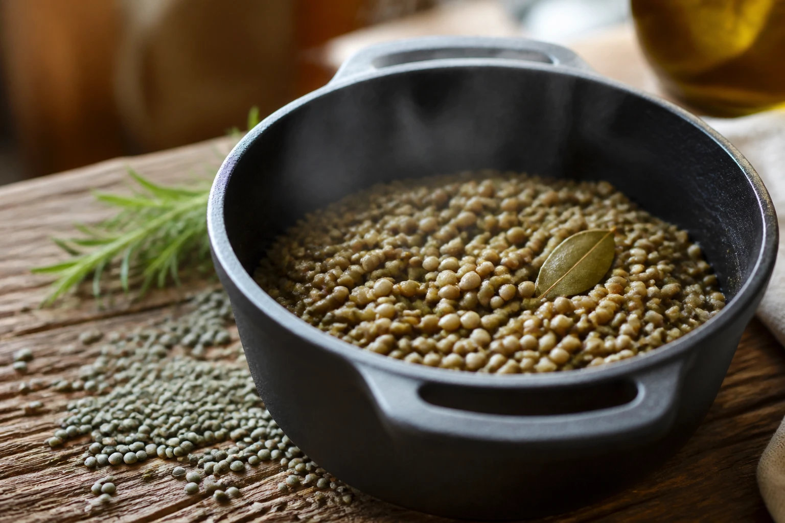 Casserole en fonte de lentilles vertes cuites fumantes sur plan de travail en bois