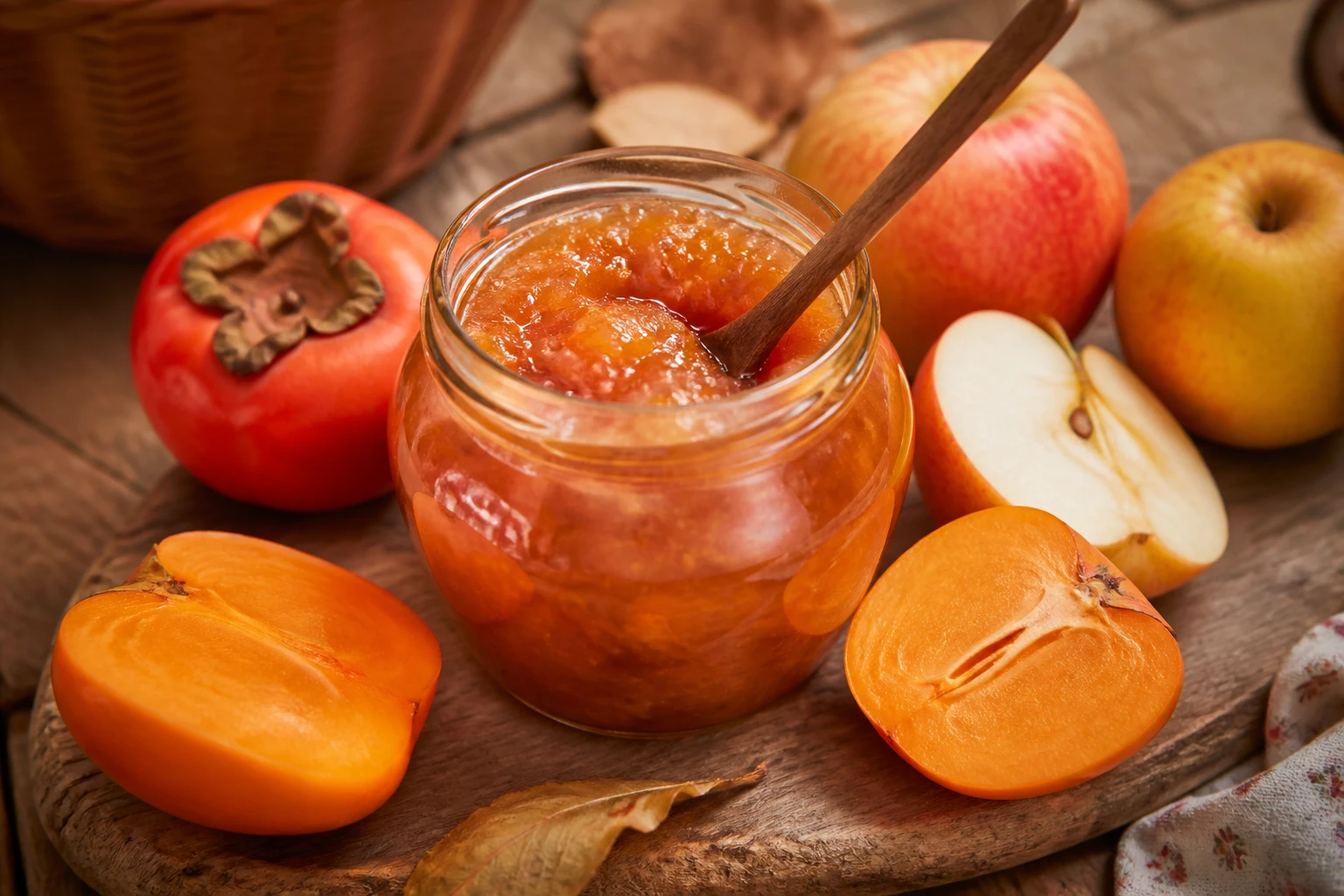 Pot de confiture de kaki et pommes maison entouré de fruits frais sur une table en bois