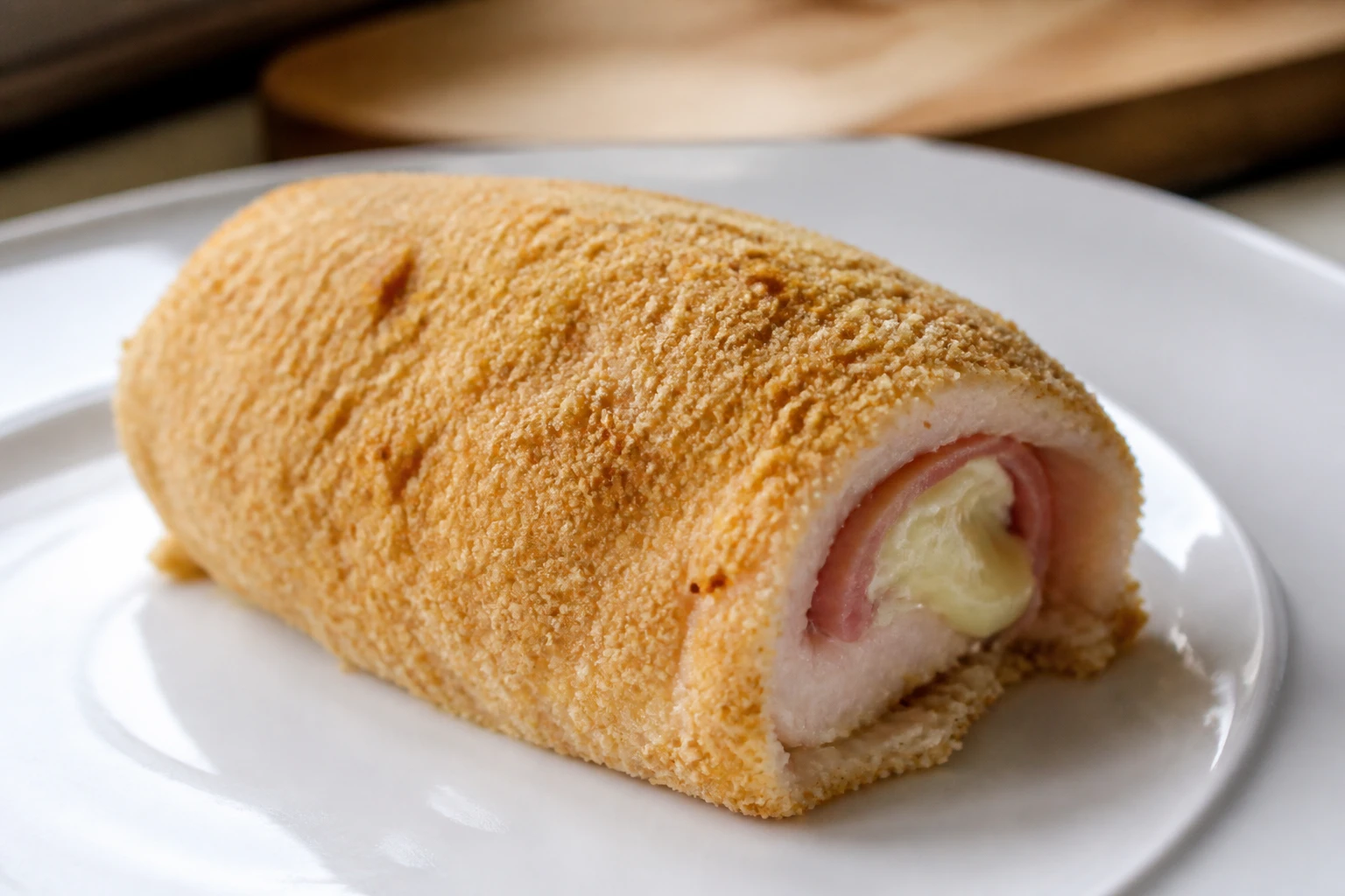 Cordon bleu cru pané sur planche de bois, panure dorée, lumière naturelle de cuisine
