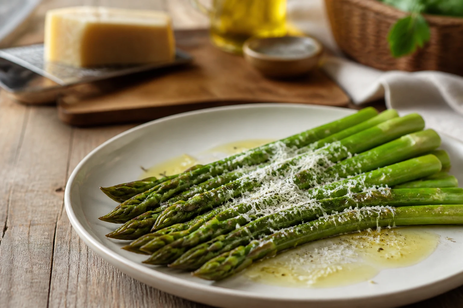 Asperges vertes congelées cuites à la vapeur, dressées sur assiette blanche avec huile d'olive et parmesan