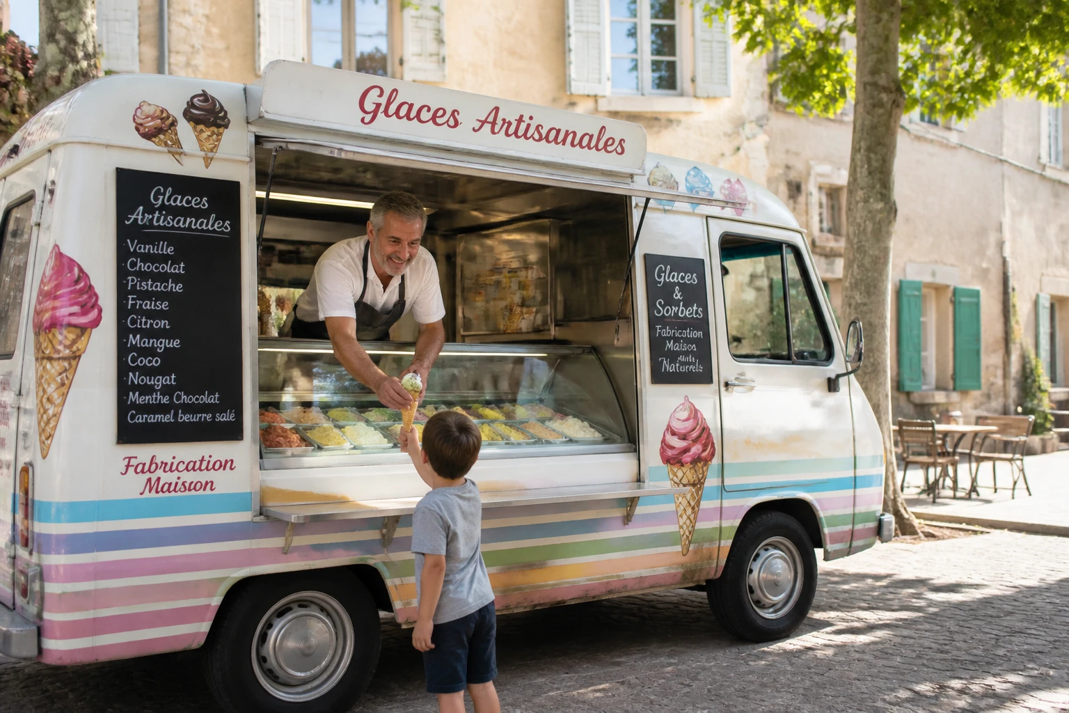 Marchand de glaces ambulant servant un cornet devant son camion sur une place de village
