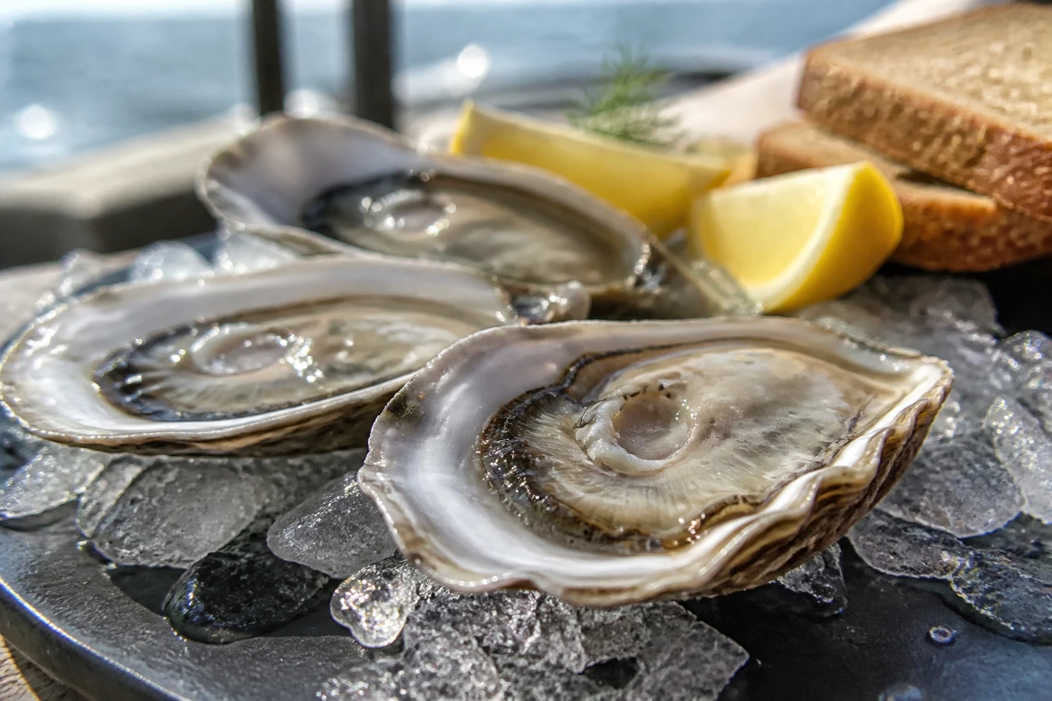 Huitres plates ouvertes sur lit de glace avec citron et pain de seigle, lumière naturelle côtière