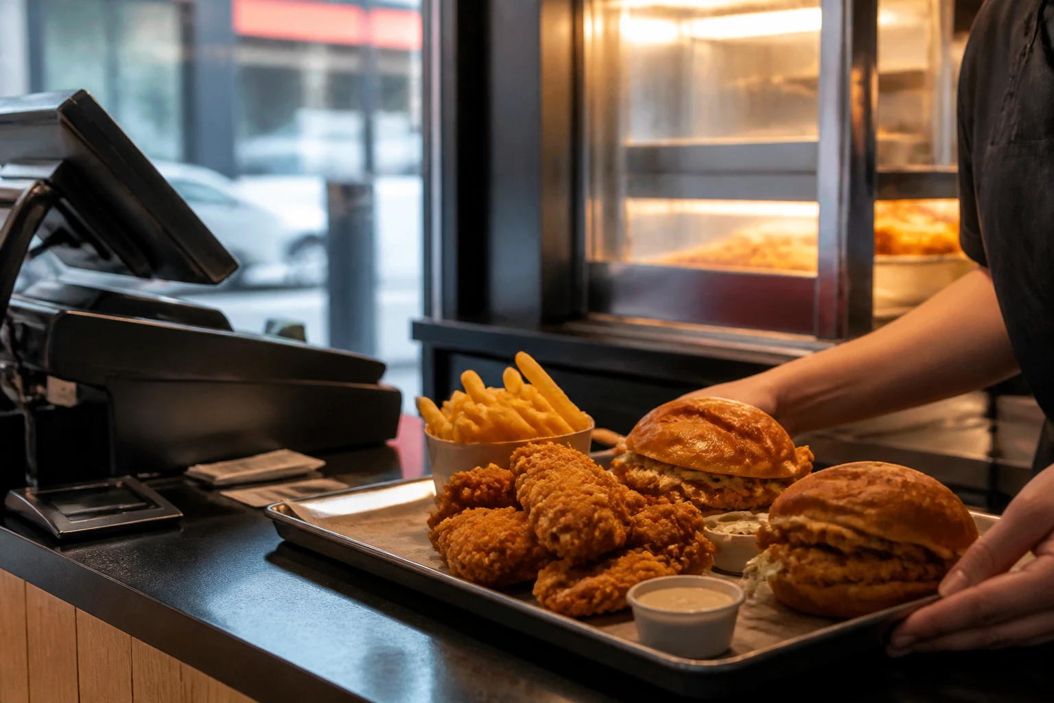 Plateau de poulet frit et burgers sur un comptoir de restauration rapide, lumière naturelle d'après-midi
