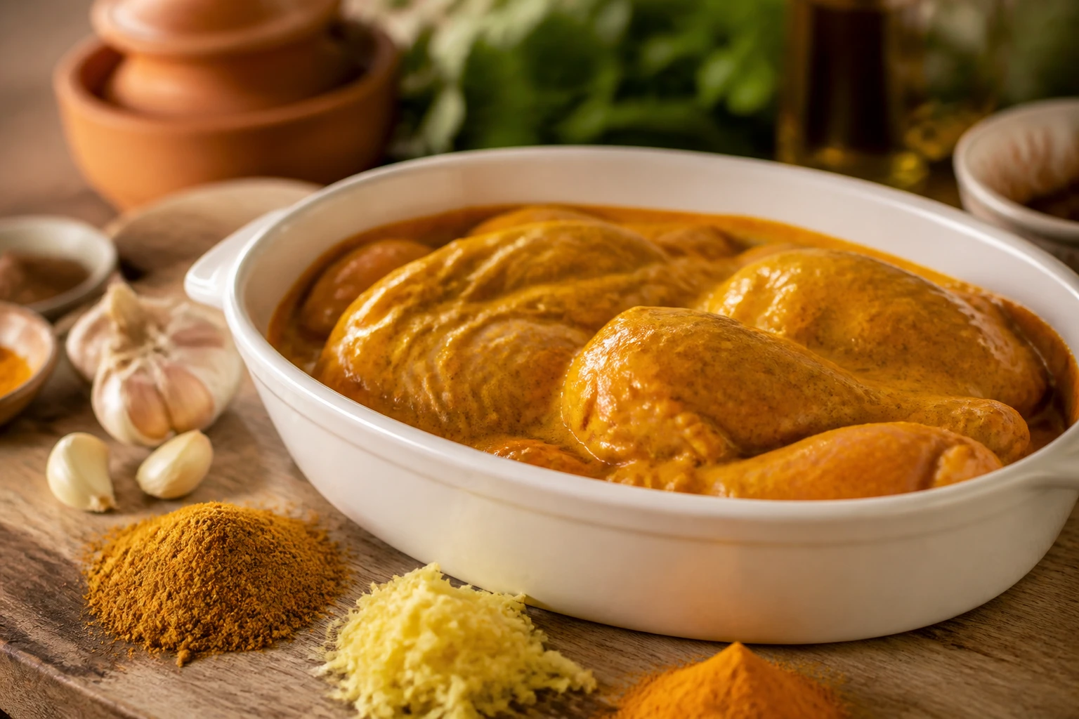 Poulet cru enrobé de marinade au curry jaune-orangé dans un plat en céramique, entouré d'épices