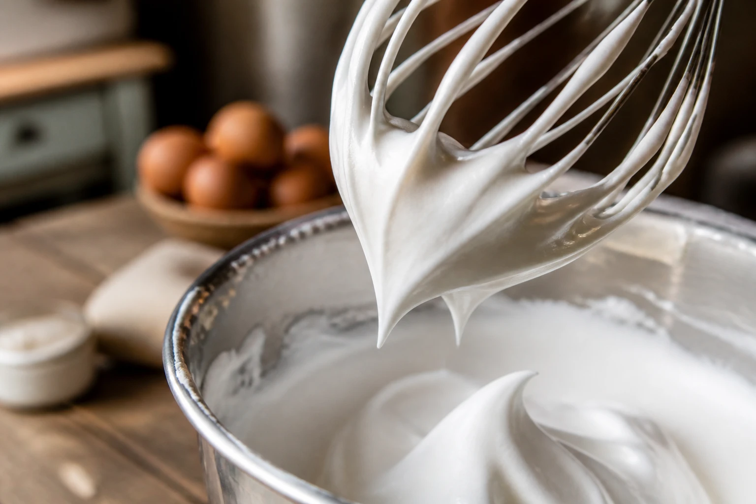 Bol en inox avec meringue montée en pics fermes et brillants, lumière naturelle douce