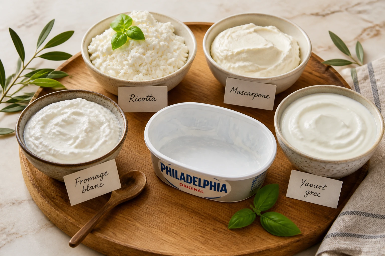 Différents substituts au Philadelphia : ricotta, mascarpone, yaourt grec et fromage frais sur un plateau de cuisine