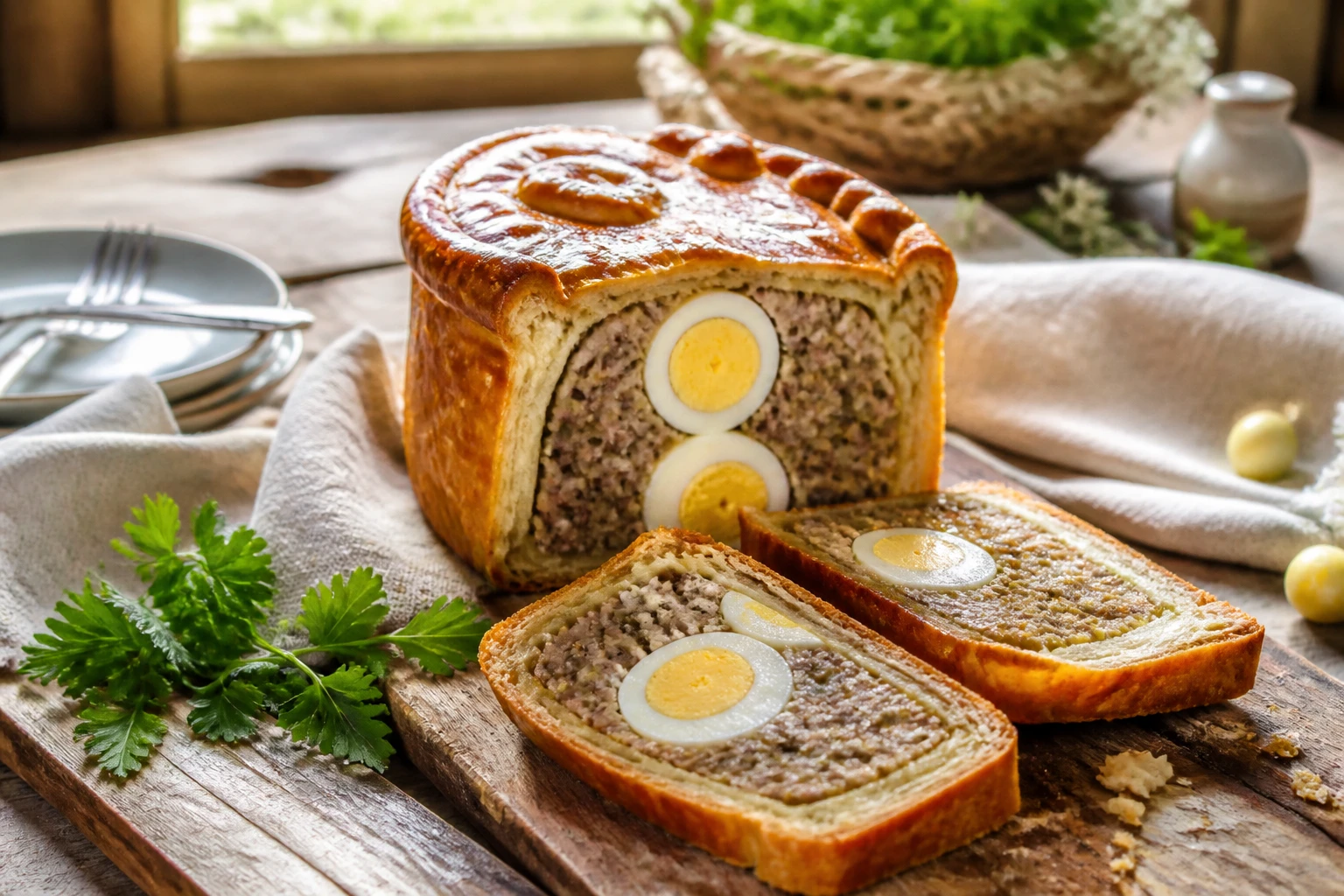 Tranches de pâté de Pâques berrichon avec œufs durs visibles dans la farce, pâte feuilletée dorée