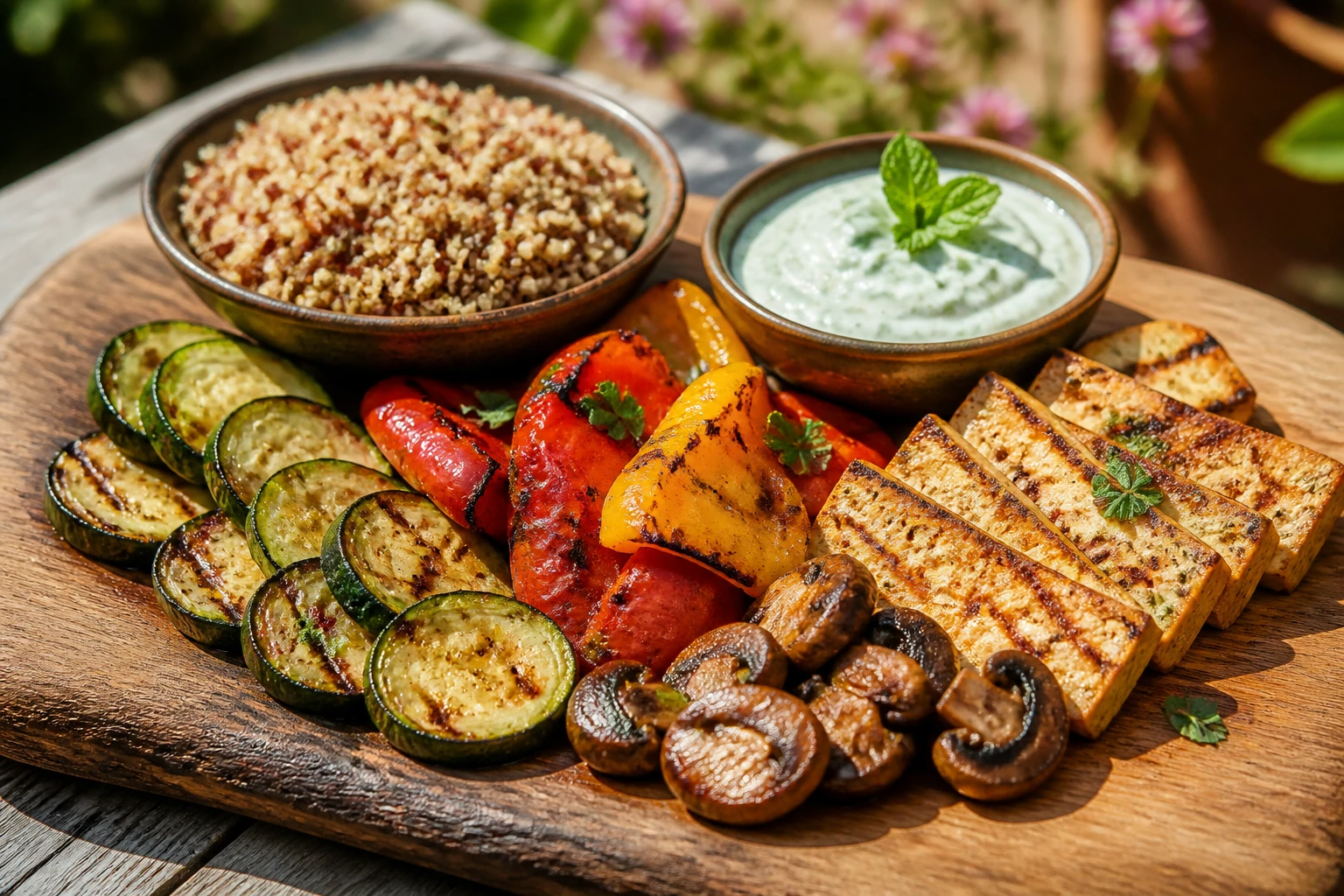 Plancha végétarienne avec légumes grillés, tofu mariné et sauce yaourt sur planche en bois