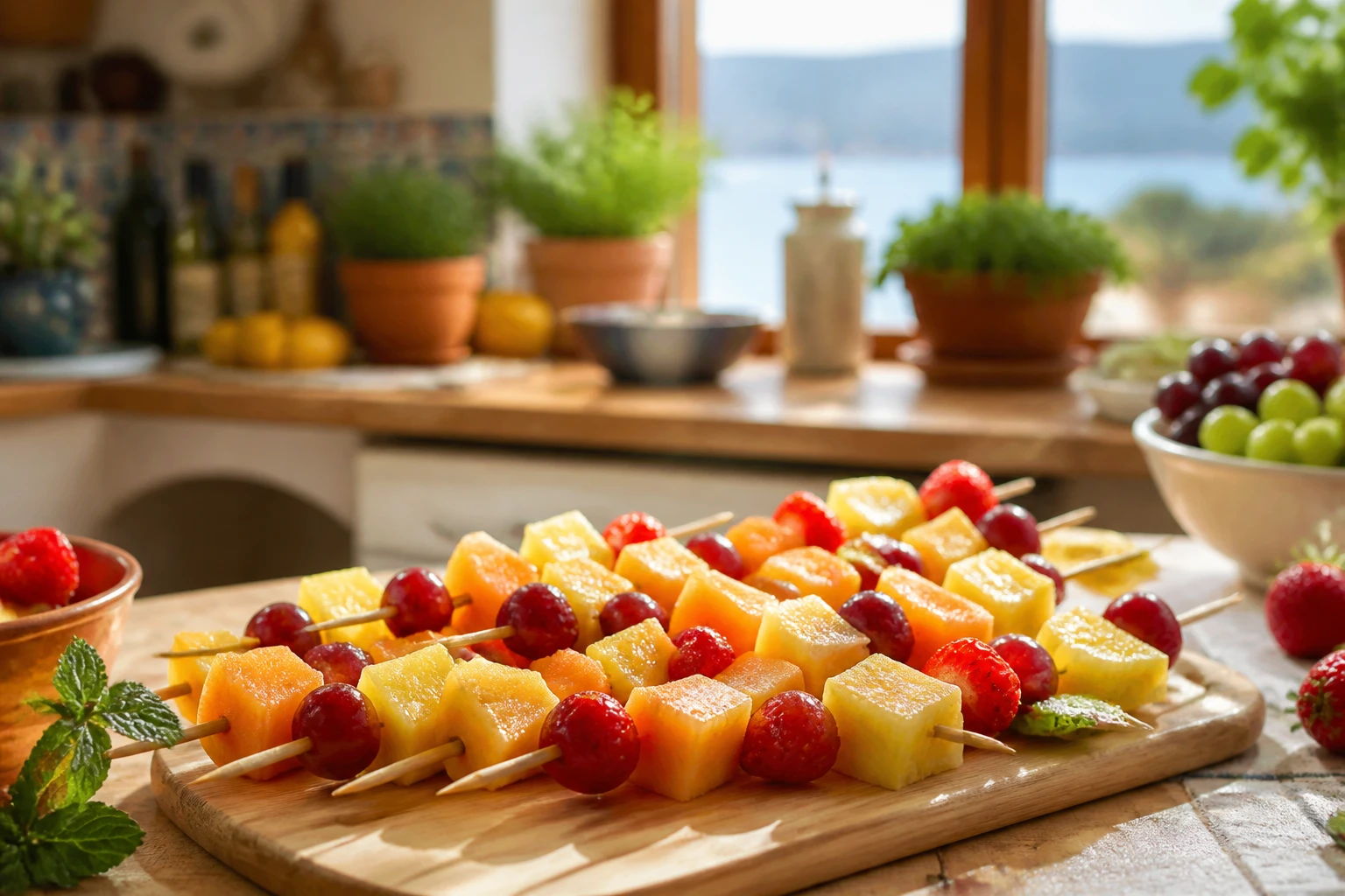 Plateau de brochettes de fruits colorées prêtes à être servies sur une planche en bois
