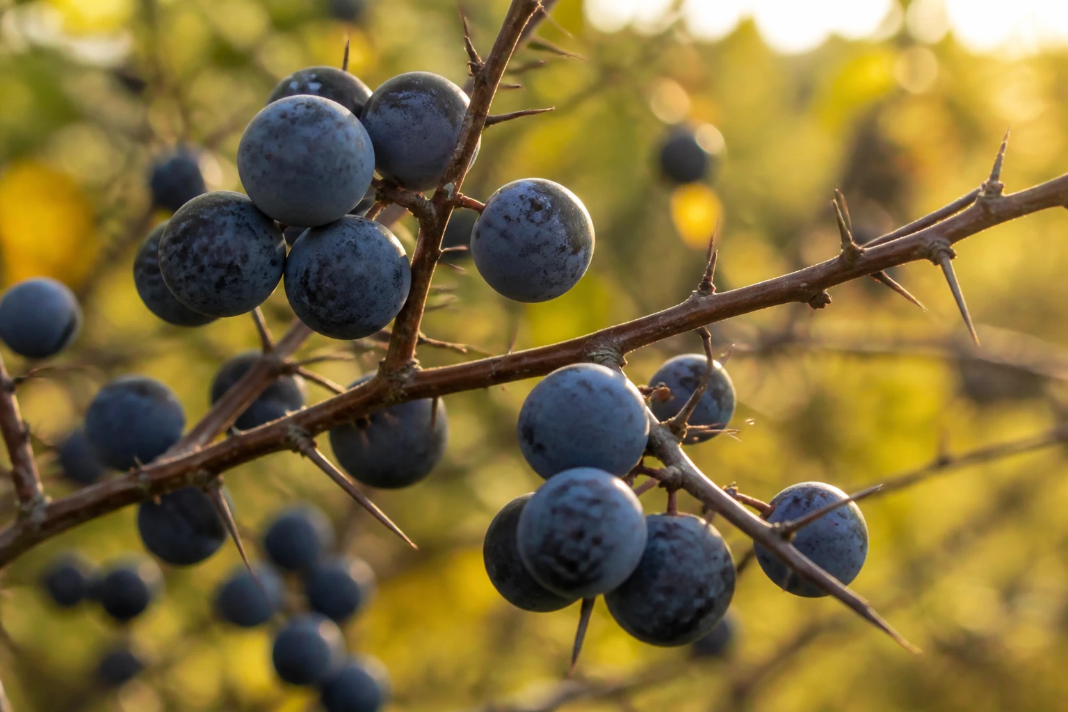 Prunelles mûres sur branches épineuses de prunellier en automne, fruits bleu-noir couverts d'une pruine naturelle