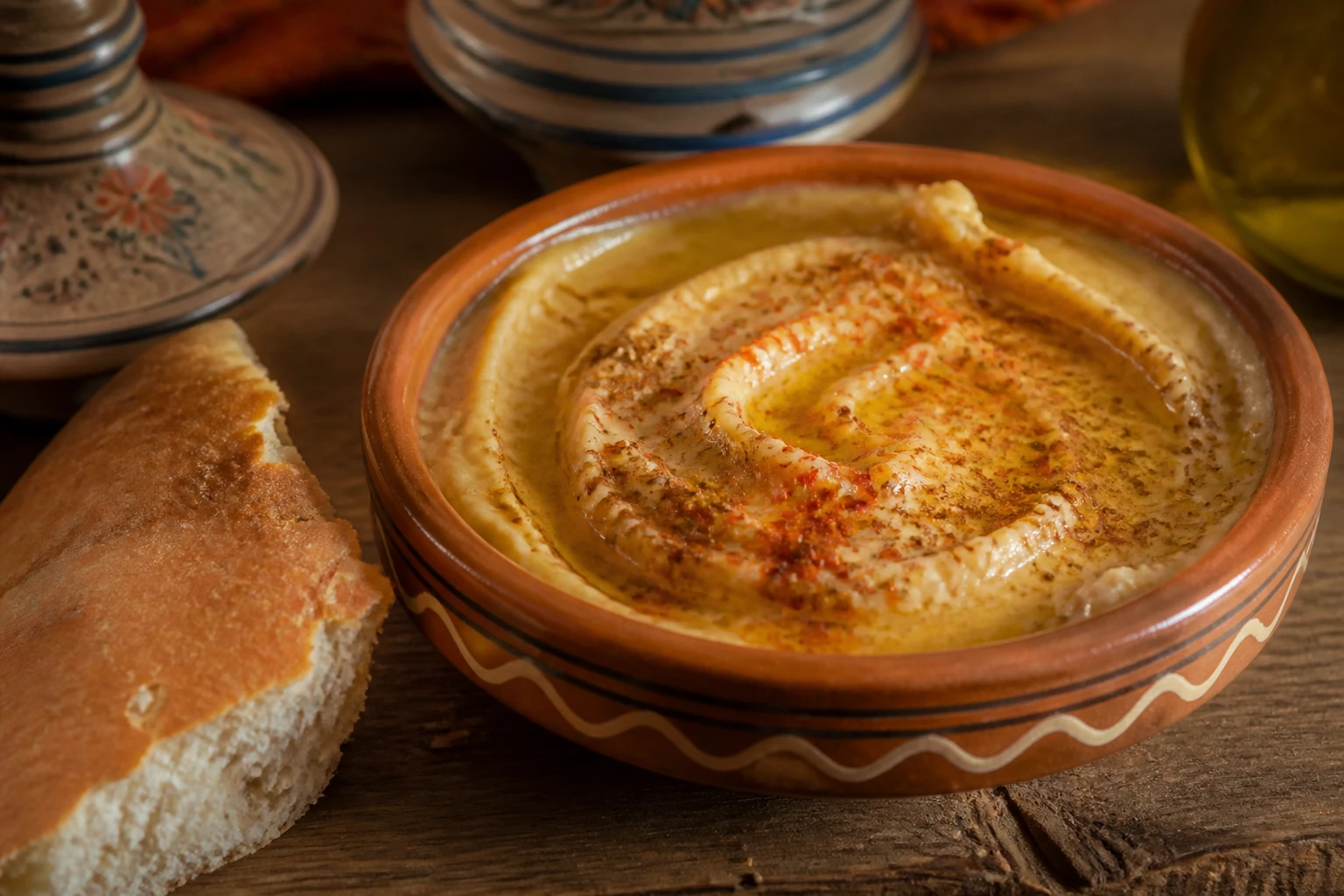 Bol de bissara marocaine garni d'huile d'olive, paprika et cumin, servi avec du pain khobz