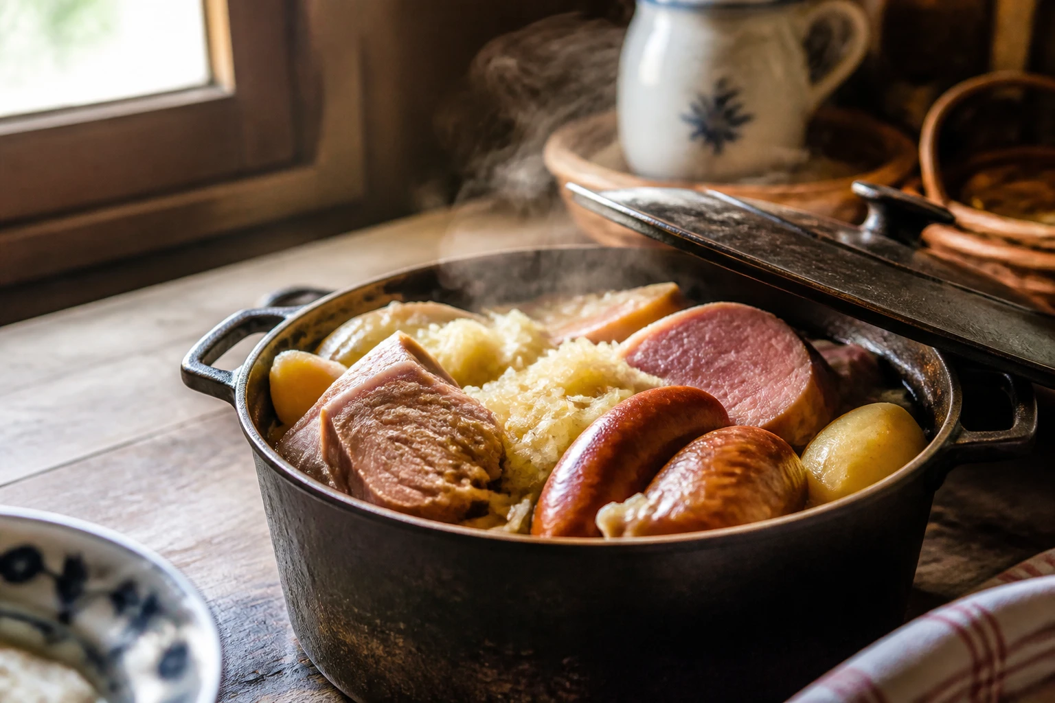 Choucroute garnie traditionnelle servie dans une cocotte en fonte avec saucisses et pommes de terre
