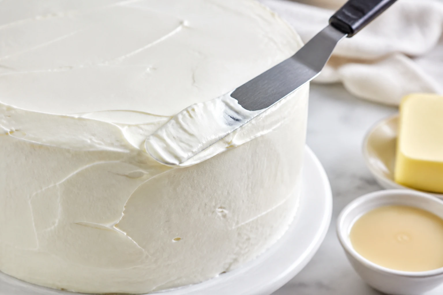 Gâteau recouvert de crème au beurre russe lisse avec une spatule coudée sur plan de travail en marbre