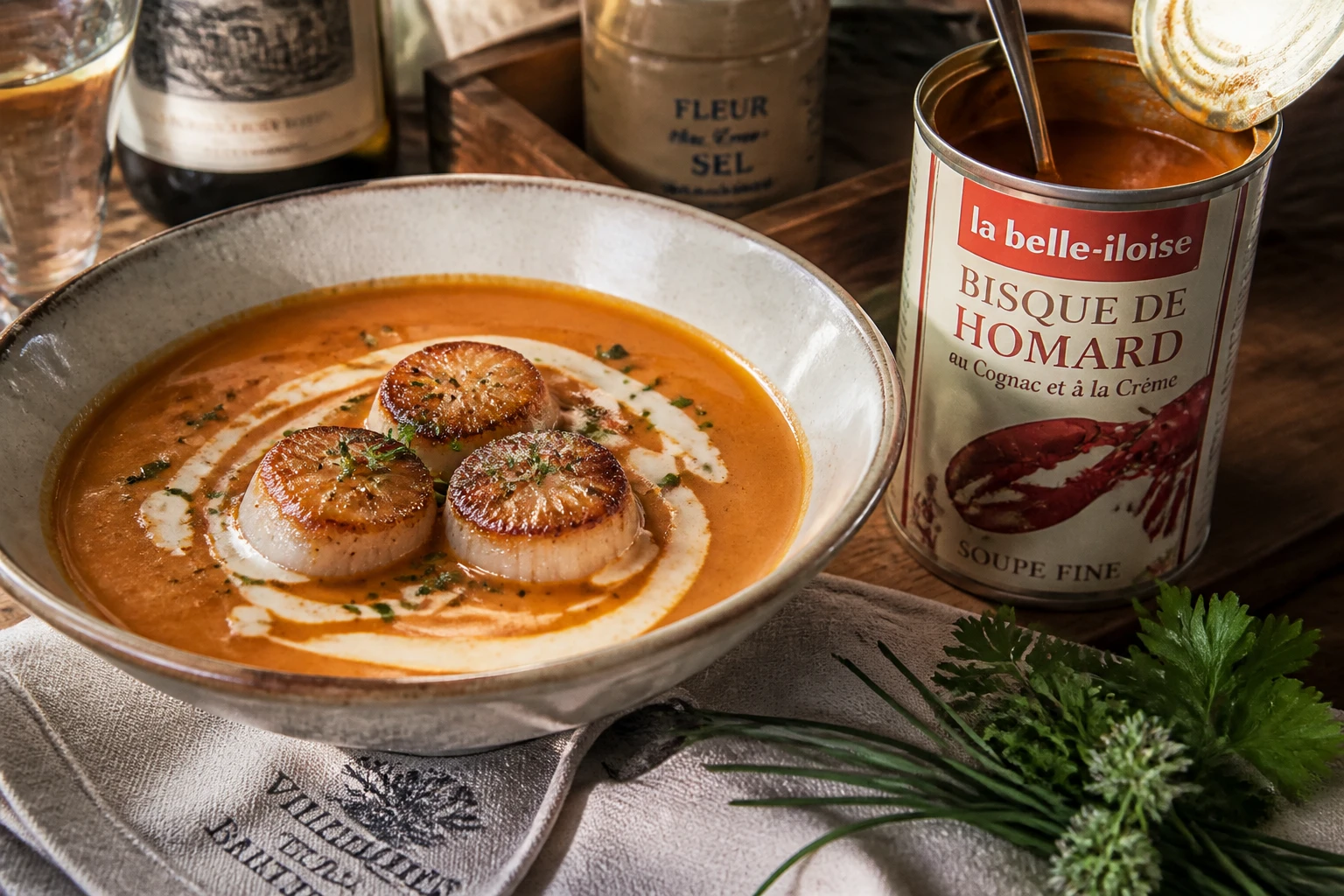 Bol de bisque de homard en boîte garnie de saint-jacques poêlées et de crème, présentation rustique sur table en bois