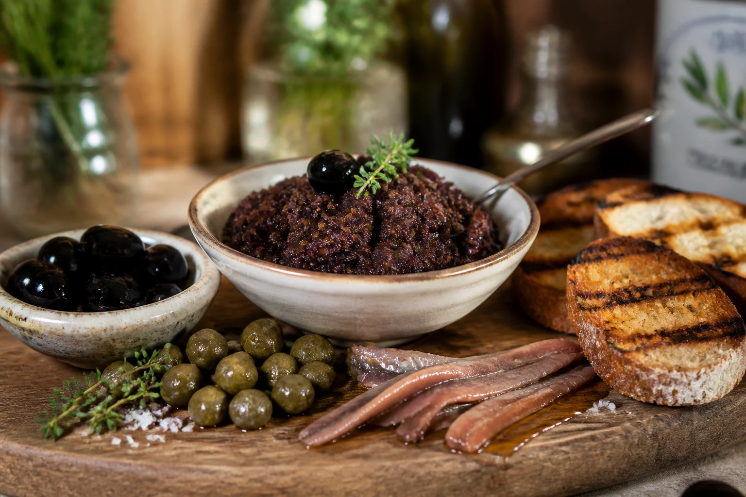 Bol de tapenade noire provençale sur planche en bois avec olives, câpres et anchois