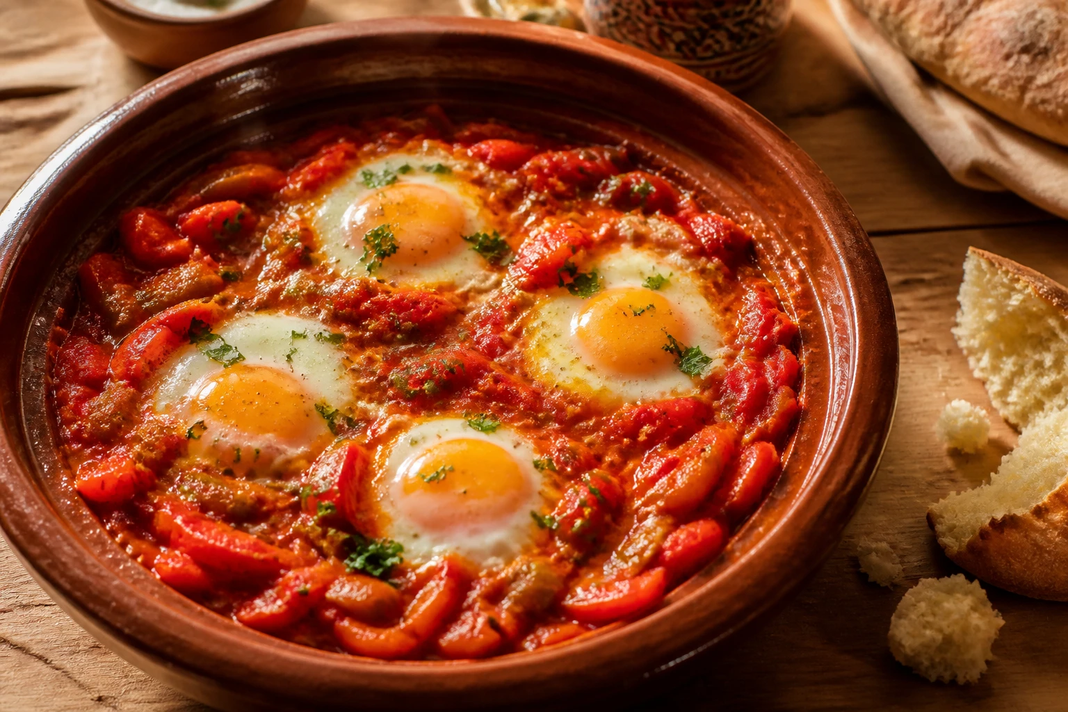 Poêle de tchoutchouka marocaine avec œufs pochés dans une sauce tomate-poivrons réduite, servie avec du pain khobz