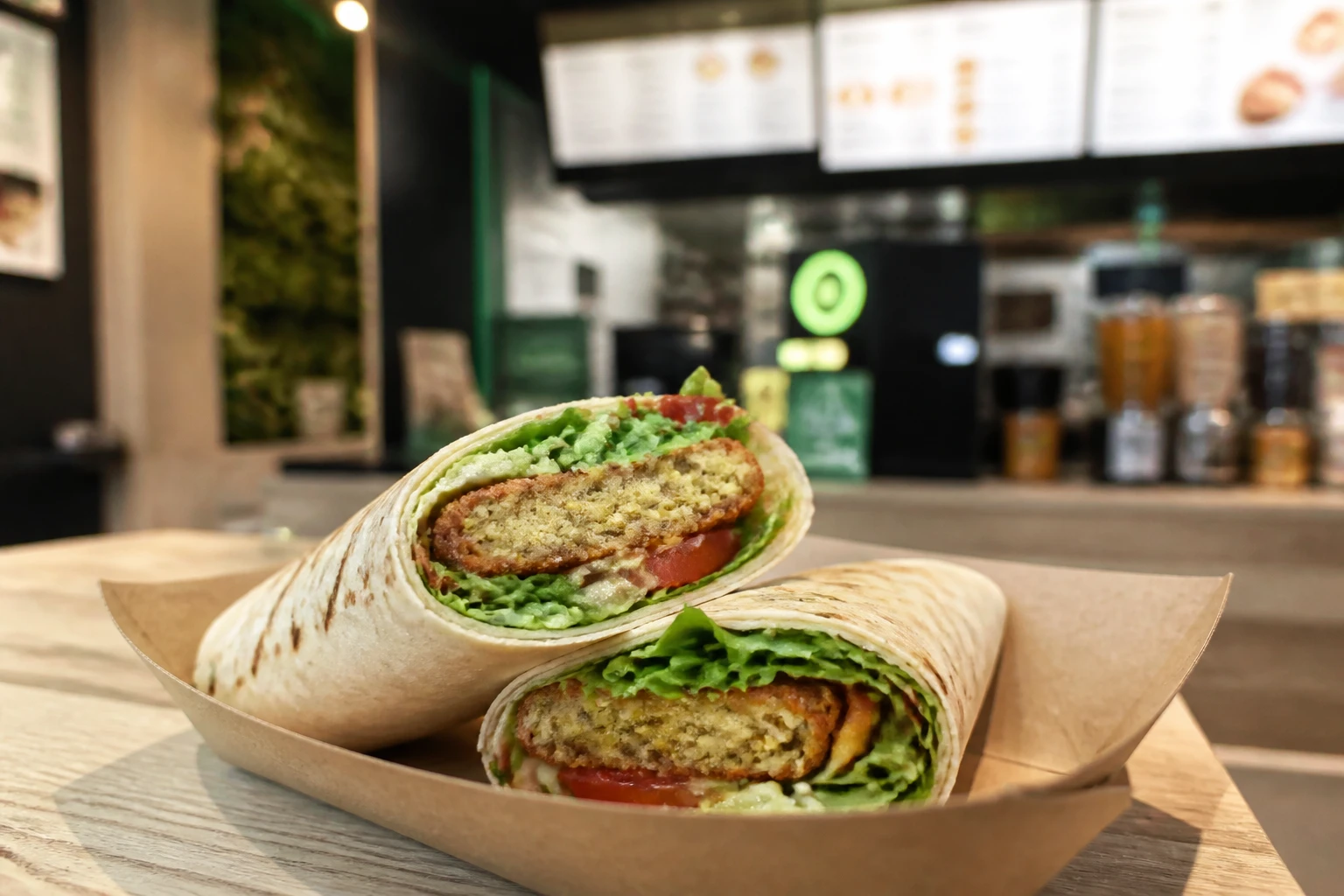 Wrap veggie coupé en deux montrant la galette panée et les crudités sur un plateau de restauration rapide