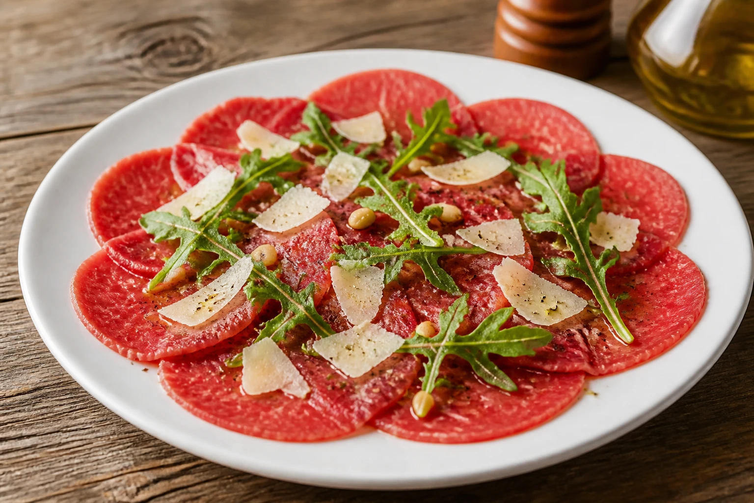 Assiette de carpaccio de bœuf avec roquette, parmesan et pignons de pin sur une table en bois
